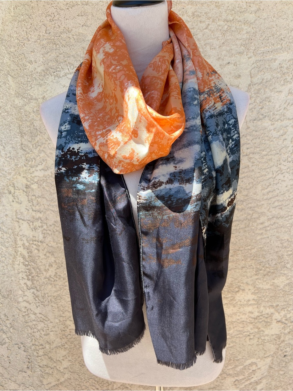 CHICOS 100% SILK SCARF ORANGE NAVY BLUE CREAM WATERCOLOR